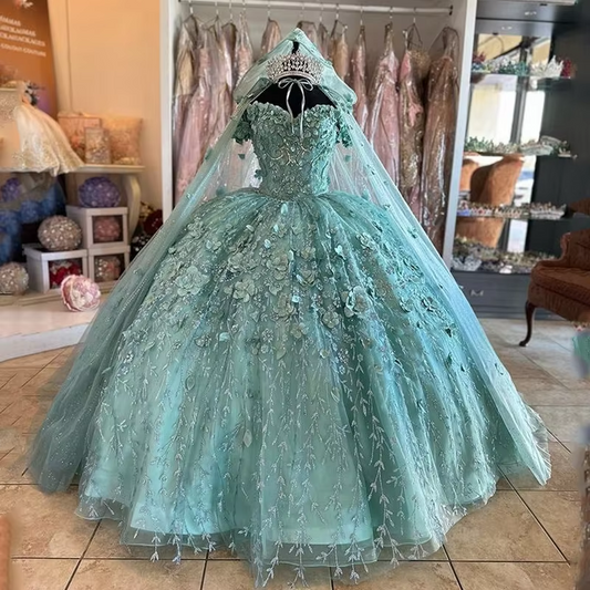 Vestidos de quinceanera verde menta para 16 anos, com apliques de renda e ombros de fora, com capa, vestidos de formatura feitos sob medida