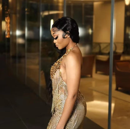 Gold Beaded Sequin Mermaid Prom Dress Evening Dress