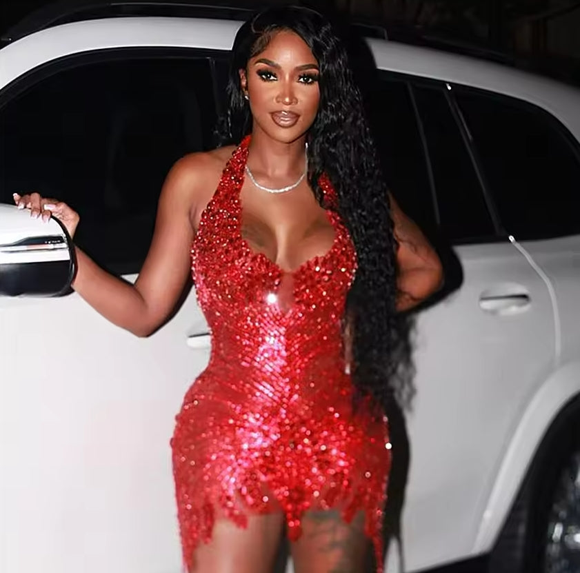 Vestidos de baile com strass e contas vermelhas, preto, para meninas, cristal, malha transparente, mini vestido de coquetel africano personalizado