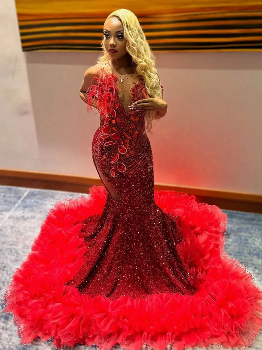 Impresionantes vestidos de noche de sirena rojos con escote ilusión y cristales y lentejuelas, vestidos de fiesta Aso Ebi negros para niñas, vestido de fiesta de boda.