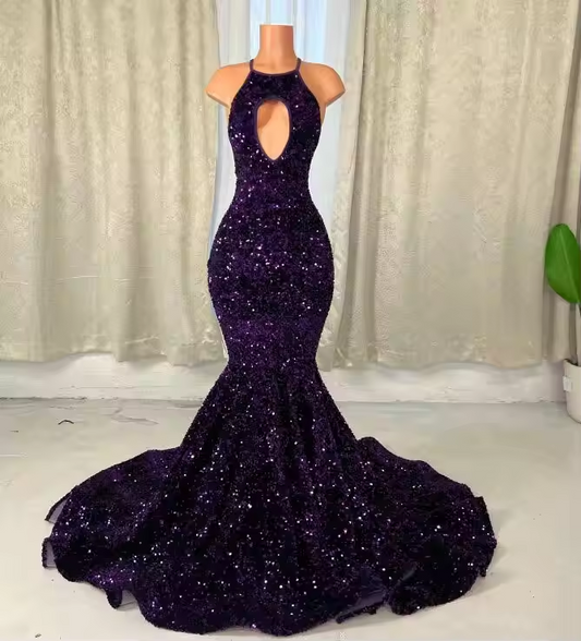 Backless South African Prom Dresses Mermaid Halter Sequins Sexy Black Girls Robe De Soiree Evening Dresses Gown Customized