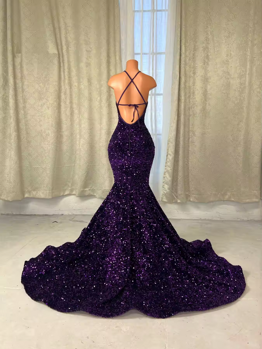 Backless South African Prom Dresses Mermaid Halter Sequins Sexy Black Girls Robe De Soiree Evening Dresses Gown Customized