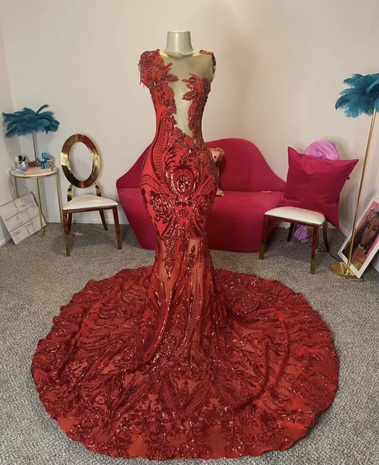 Sparkly Red Sequined Lace Prom Dress Black Girls Mermaid Beads Crystal Formal Occasion Graduation Dress Evening Party Gala Gown