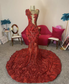 Vestido de fiesta de encaje con lentejuelas rojas brillantes para niñas negras, vestido de sirena con cuentas de cristal, vestido formal para ocasiones de graduación, vestido de gala para fiesta de noche