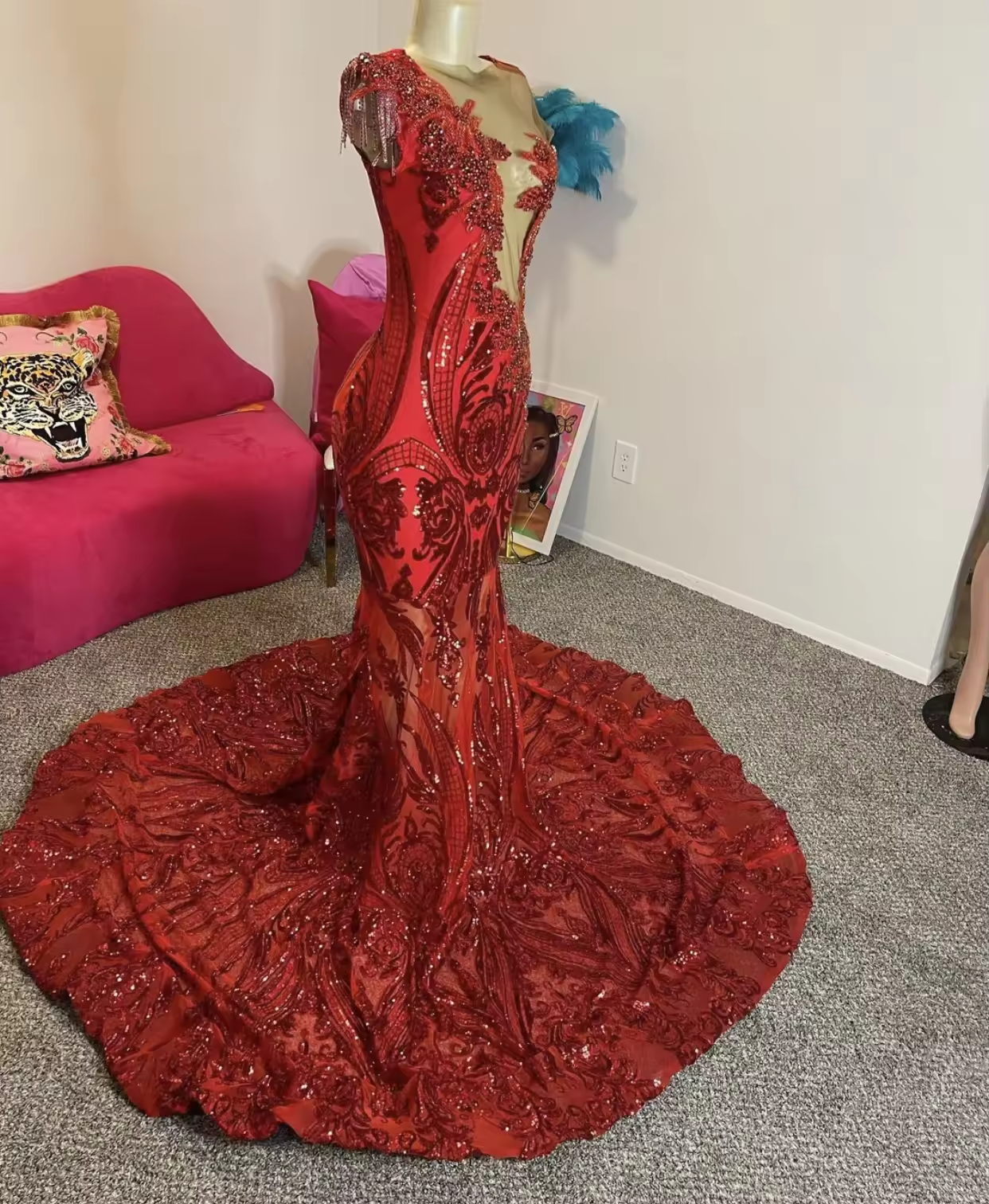 Sparkly Red Sequined Lace Prom Dress Black Girls Mermaid Beads Crystal Formal Occasion Graduation Dress Evening Party Gala Gown