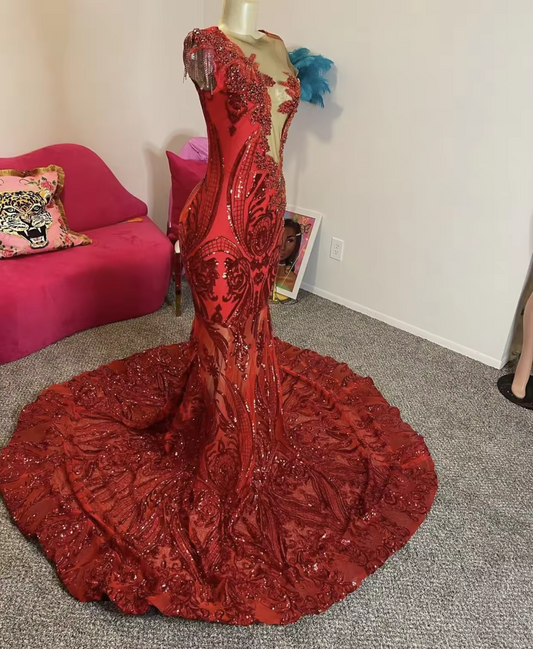 Vestido de fiesta de encaje con lentejuelas rojas brillantes para niñas negras, vestido de sirena con cuentas de cristal, vestido formal para ocasiones de graduación, vestido de gala para fiesta de noche