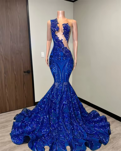 Sparkly Red Sequined Lace Prom Dress Black Girls Mermaid Beads Crystal Formal Occasion Graduation Dress Evening Party Gala Gown