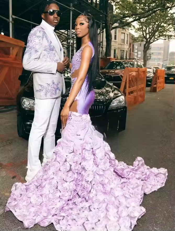 Robe de soirée sirène de luxe lilas clair pour fille noire 2025 avec fleurs 3D personnalisées transparentes
