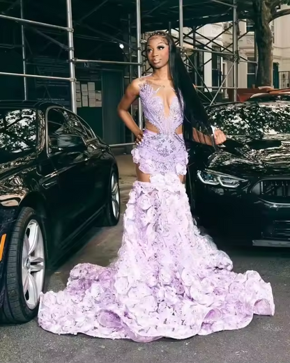 Robe de soirée sirène de luxe lilas clair pour fille noire 2025 avec fleurs 3D personnalisées transparentes