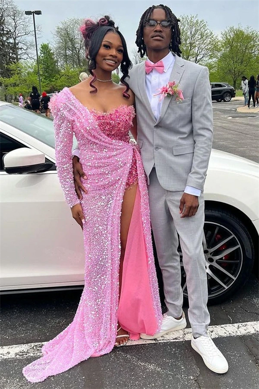 Watermelon Red Strapless One Shoulder Sequins Chapel Train Front Side Prom Dress