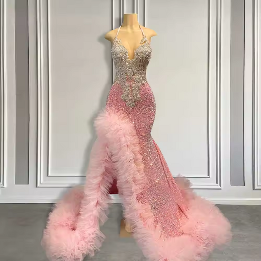 Long Pink Prom Dresses for Black Girl with Ruffle Side Slit Sparkly Crystal Beaded Mermaid Luxury Prom Gown 2025 Customized