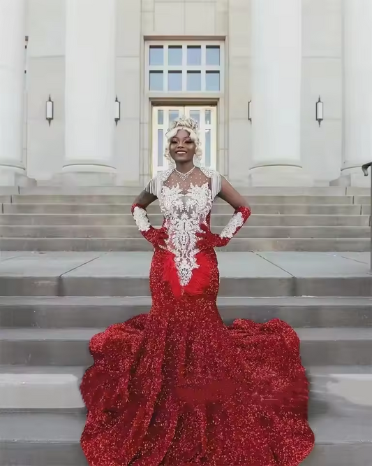 2025 Luxury Red Mermaid Long Prom Dress For Black Girls Beads Crystals Feathers Birthday Party Wedding Reception Customized