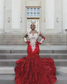 2025 Luxury Red Mermaid Long Prom Dress For Black Girls Beads Crystals Feathers Birthday Party Wedding Reception Customized