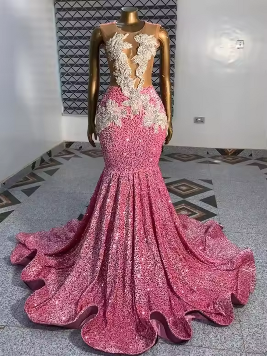 Pink Luxury Sheer Women Long Black Girls Prom Dresses Sexy Top Diamond Mermaid Sequins Prom Gowns Evening Gala Party