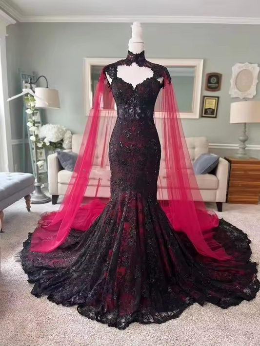 Gothic Black Red Wedding Dress Vintage Lace Applique Sexy Pleated Ruffle Detachable Cape Special Occasion Fishtail Dress