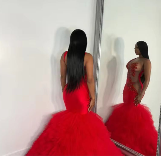 Luxury Red Mermaid Prom Dresse 2025 Open Back Bead Diamonds Tiered Ruffles Birthday Party Evening Gowns Customized