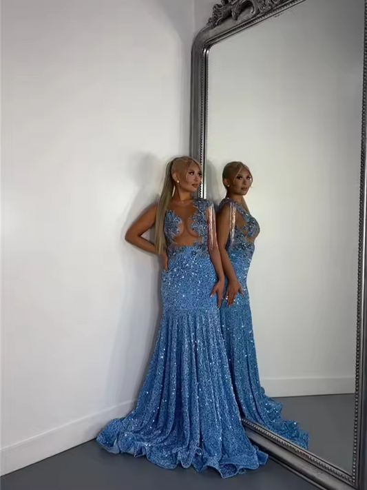 Luxury Blue Long Prom Dress 2025 Diamonds Crystals Birthday Party Formal Party Gwon For Wedding Sequins Customized