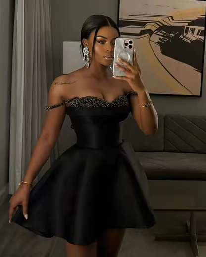 Robe de cocktail noire pour filles, tenue de fête d'anniversaire, motif cœur, perles, pour boîte de nuit, personnalisée, 2025