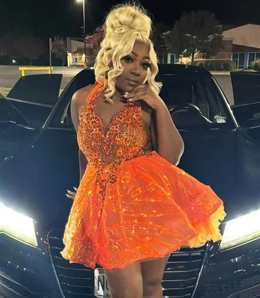 Short Orange Prom Dresses 2025 Halter Rhinestone Sequin Party Gala Dress Backless Crystal Brthday Outfit Customized