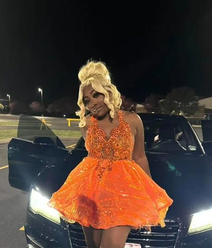 Short Orange Prom Dresses 2025 Halter Rhinestone Sequin Party Gala Dress Backless Crystal Brthday Outfit Customized