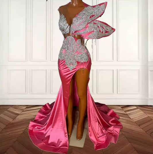 Hot Pink Tassel Prom Dresses Long Black Girls Mermaid High Split Party Gowns Bead Crystal O Neck Evening Dress Customized