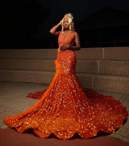 Warm Orange High Luxury Evening Black Girls Diamonds Beaded Sequins Decoration Prom Dresses New Sexy High Slit Feather Dresses