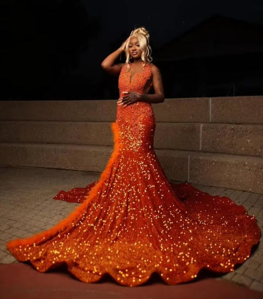 Warm Orange High Luxury Evening Black Girls Diamonds Beaded Sequins Decoration Prom Dresses New Sexy High Slit Feather Dresses