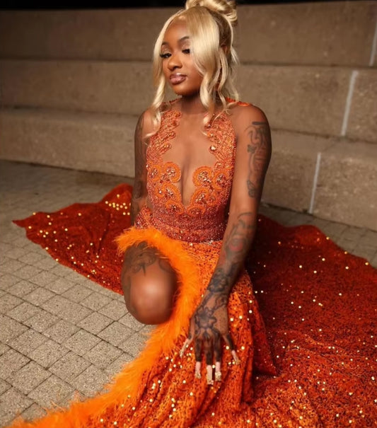 Warm Orange High Luxury Evening Black Girls Diamonds Beaded Sequins Decoration Prom Dresses New Sexy High Slit Feather Dresses