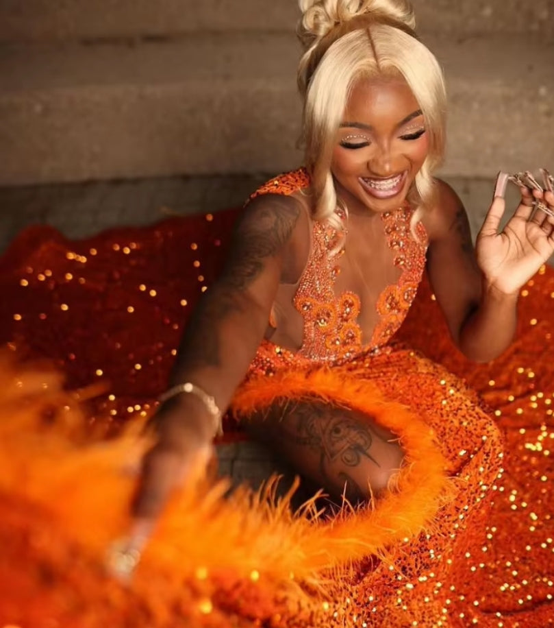 Warm Orange High Luxury Evening Black Girls Diamonds Beaded Sequins Decoration Prom Dresses New Sexy High Slit Feather Dresses