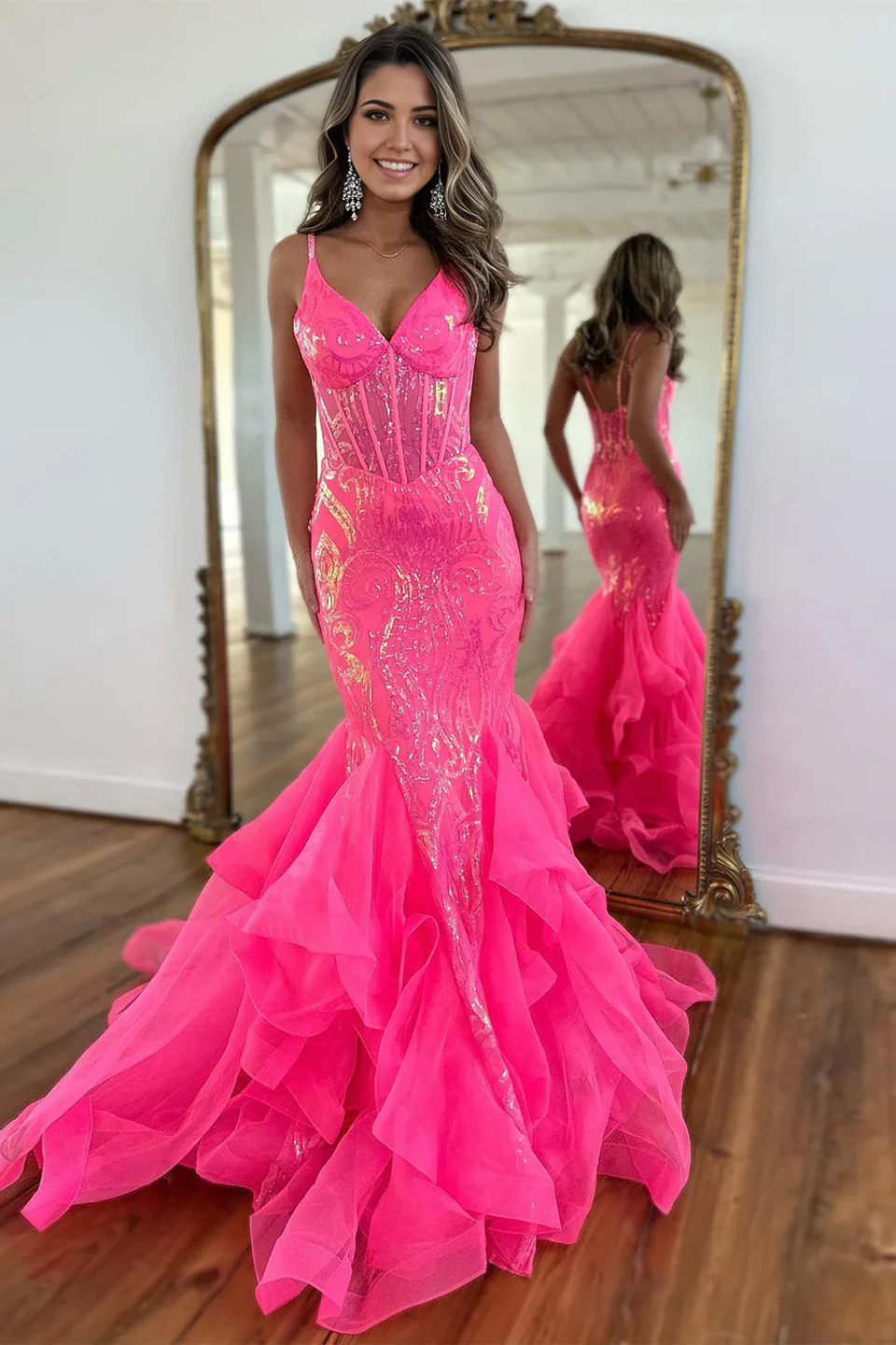 Mermaid Spaghetti Straps Sequin Long Hot Pink formal dresses evening dress Prom Dresses With Ruffles