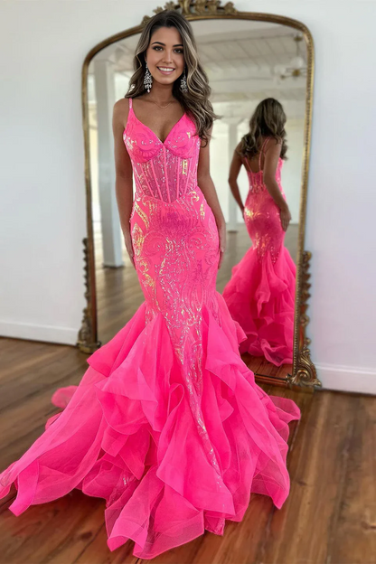 Mermaid Spaghetti Straps Sequin Long Hot Pink formal dresses evening dress Prom Dresses With Ruffles