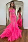 Mermaid Spaghetti Straps Sequin Long Hot Pink formal dresses evening dress Prom Dresses With Ruffles