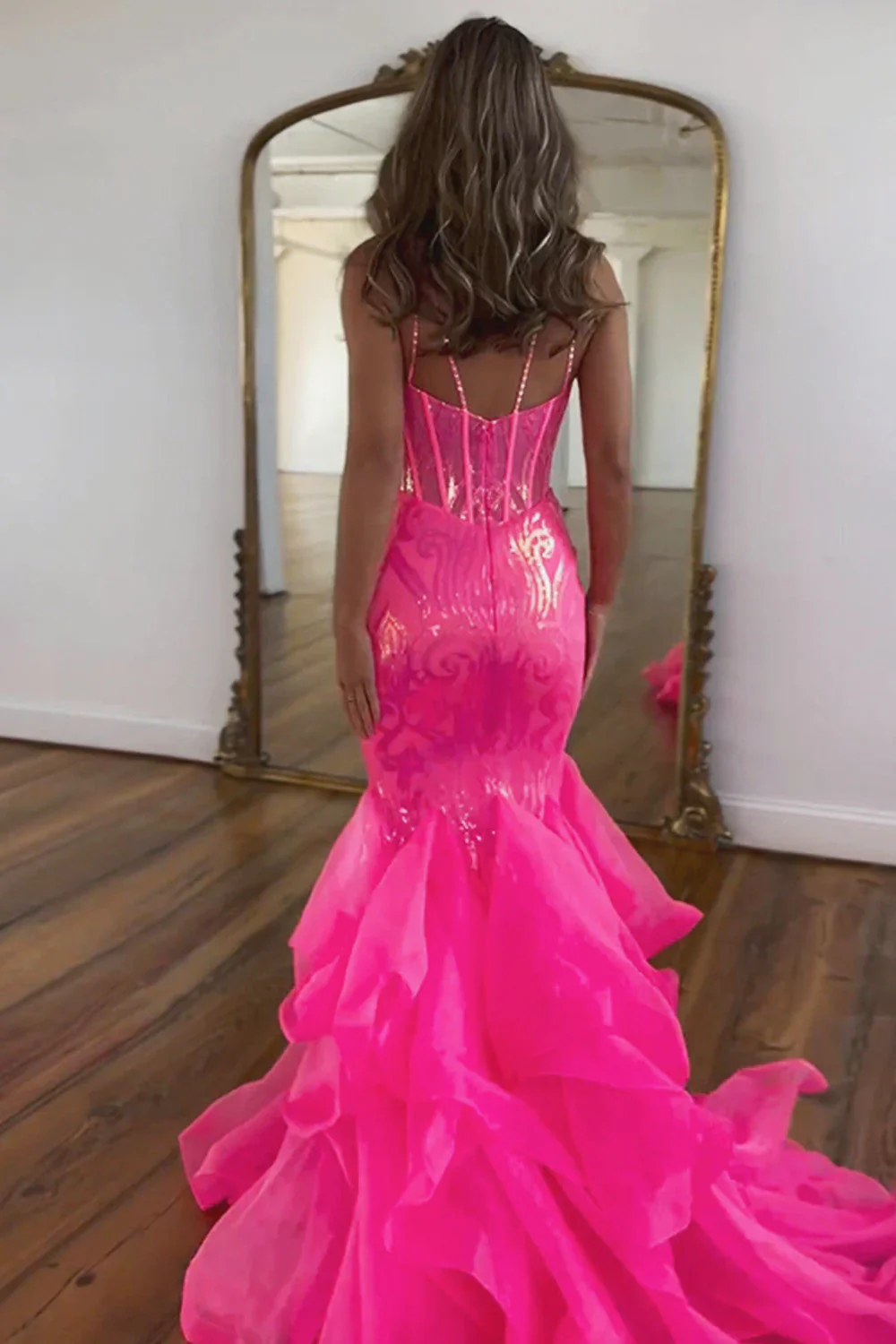 Mermaid Spaghetti Straps Sequin Long Hot Pink formal dresses evening dress Prom Dresses With Ruffles