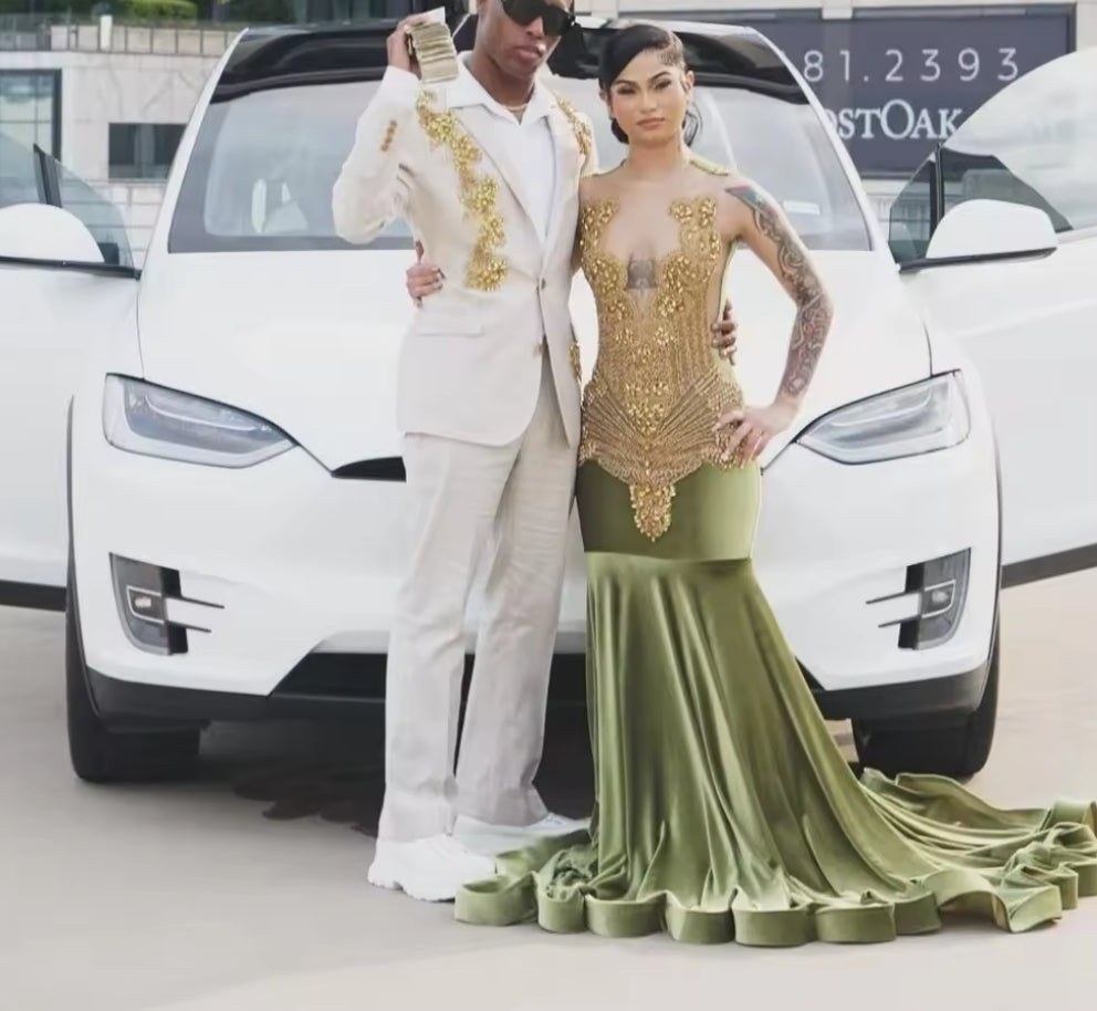 Customized Shiny Olive Velvet Mermaid Prom Dress Black Girl Gold Diamond Crystal Beaded 2025 Birthday Party Gown