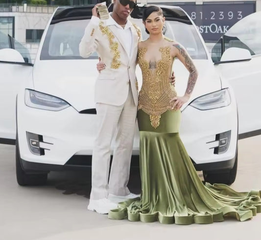 Customized Shiny Olive Velvet Mermaid Prom Dress Black Girl Gold Diamond Crystal Beaded 2025 Birthday Party Gown