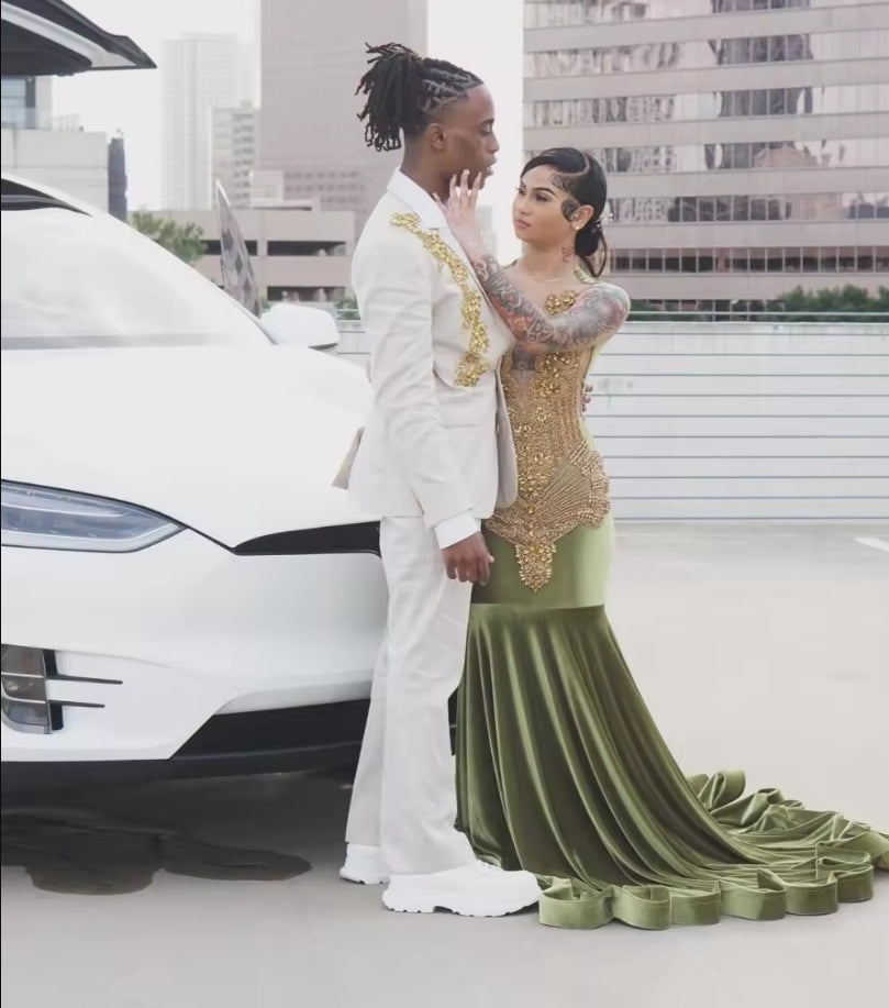 Customized Shiny Olive Velvet Mermaid Prom Dress Black Girl Gold Diamond Crystal Beaded 2025 Birthday Party Gown