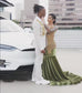 Customized Shiny Olive Velvet Mermaid Prom Dress Black Girl Gold Diamond Crystal Beaded 2025 Birthday Party Gown