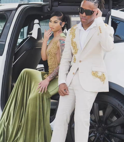 Customized Shiny Olive Velvet Mermaid Prom Dress Black Girl Gold Diamond Crystal Beaded 2025 Birthday Party Gown