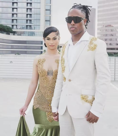 Customized Shiny Olive Velvet Mermaid Prom Dress Black Girl Gold Diamond Crystal Beaded 2025 Birthday Party Gown