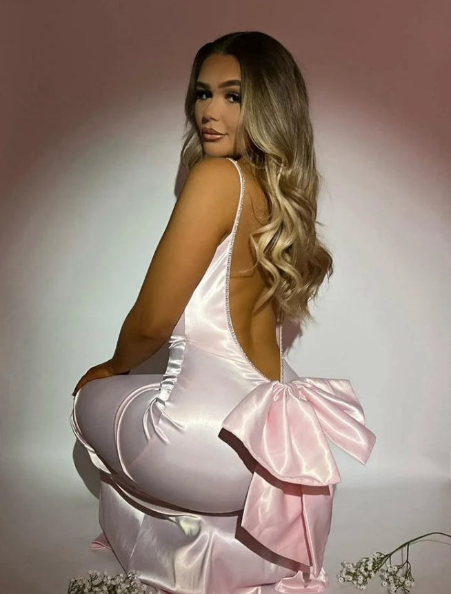 Vestido de baile rosa claro, longo, sem costas, sem mangas, estilo halter, para noite