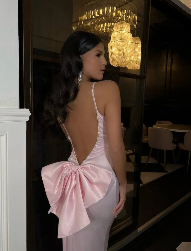 Vestido de baile rosa claro, longo, sem costas, sem mangas, estilo halter, para noite