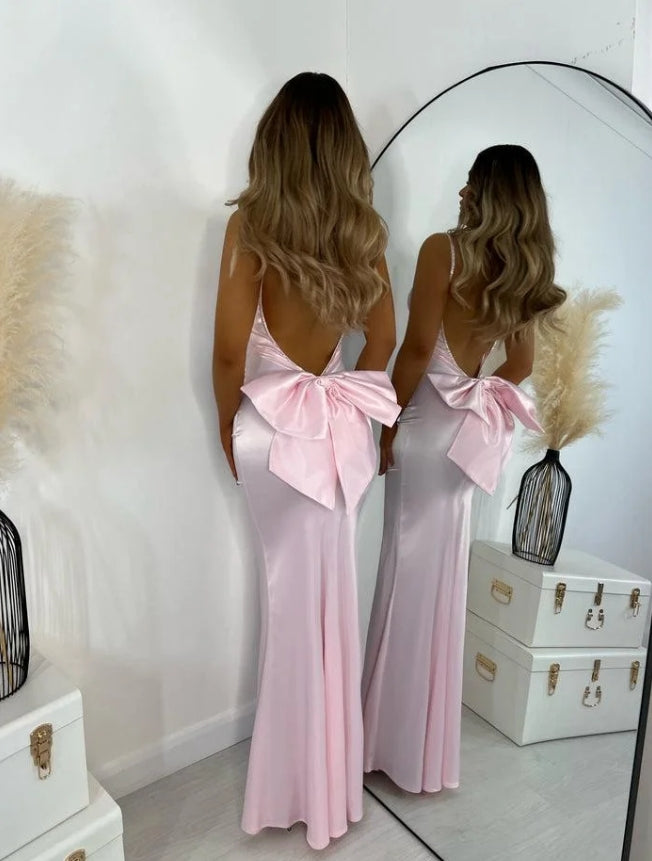 Vestido de baile rosa claro, longo, sem costas, sem mangas, estilo halter, para noite