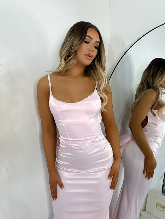 Vestido de baile rosa claro, longo, sem costas, sem mangas, estilo halter, para noite