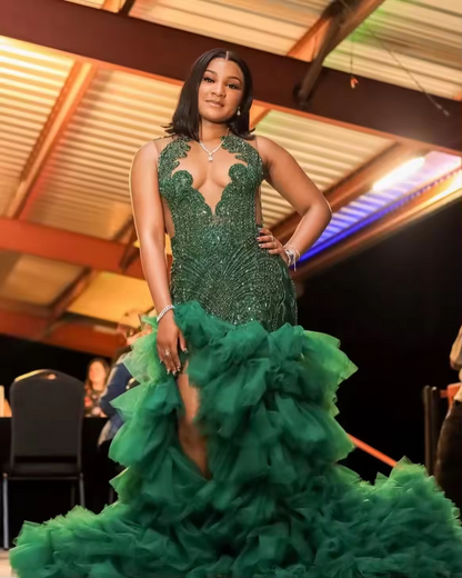 Emerald Green Crystal Ruffle Mermaid Prom Dresses Long for Arabic Women 2025 with Slit Glittler Tulle Formal Evening Gowns