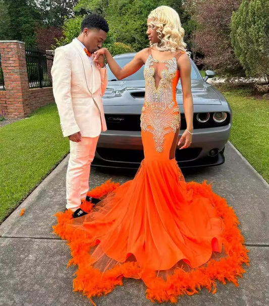 Orange Feathers Satin Mermaid Prom Dress Sliver Crystal Beads Black Girl Dresses For Party Wedding Evening Gala Dress Customized