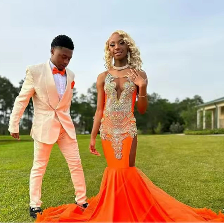 Orange Feathers Satin Mermaid Prom Dress Sliver Crystal Beads Black Girl Dresses For Party Wedding Evening Gala Dress Customized