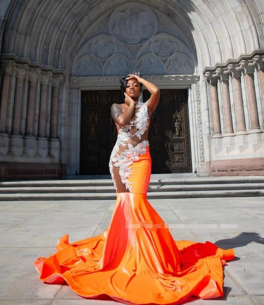 Gorgeous Orange Mermaid Prom Dress 2025 Elegant Beaded Applique Sexy See-through Mesh Black Girls abito cerimonia donna Custom