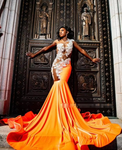 فستان حورية البحر البرتقالي الرائع لحفلات التخرج 2025، أنيق ومطرز بالخرز، مثير وشفاف، أسود اللون، للفتيات، فستان زفاف دونا، مخصص