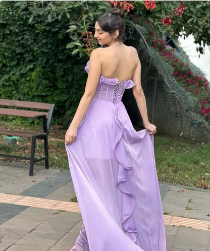 Vestidos de baile roxo claro, babados em formato de coração, vestidos de noite com fenda alta, sessão de fotos, vestido formal sem mangas, vestido de noite