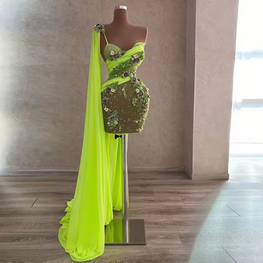 Green Flowers Beaded Cocktail Dress Sexy See Thru 3D Floral Short Evening Party Gowns One Shoulder Homecoming Dress